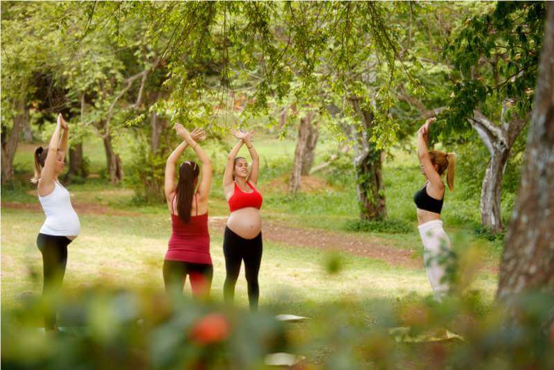 Pregnant Women Doing Yoga With Personal Trainer In Park