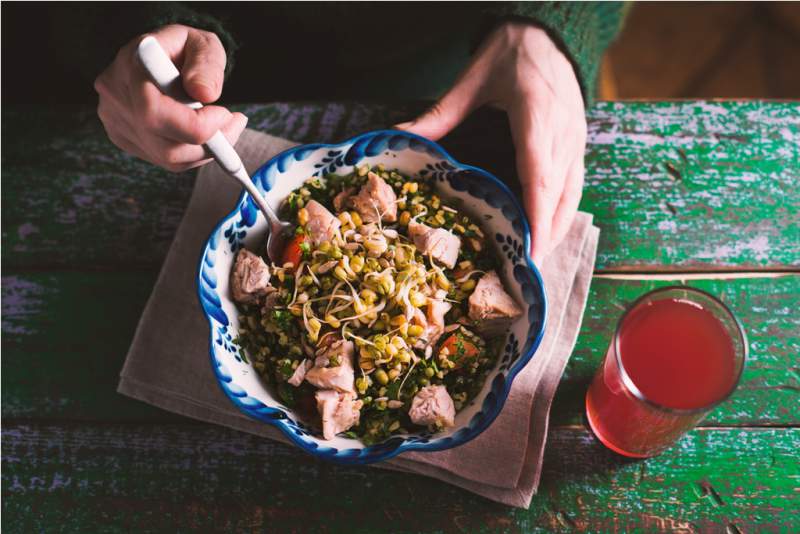 salad-with-chicken-and-green-beans-on-boards